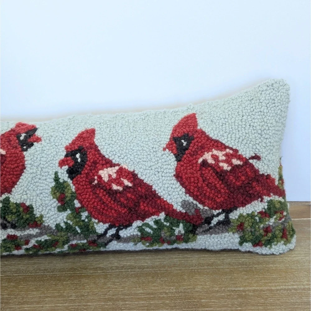 Cardinals Red Birds Wool Latch Hook Velvet Lumbar Decorative Pillow 24